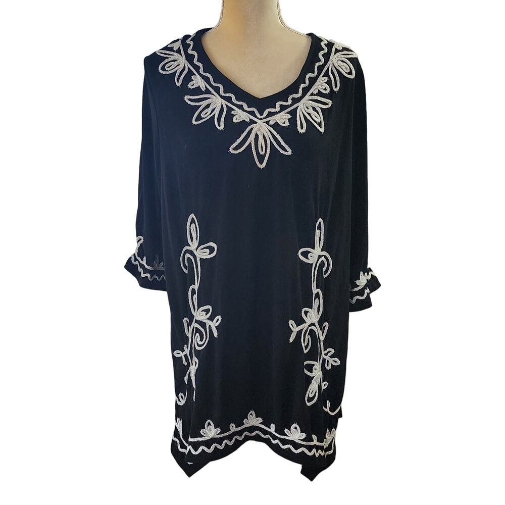 Catherines Womens Black White Embroidery Flowy Tunic Shirt 3X